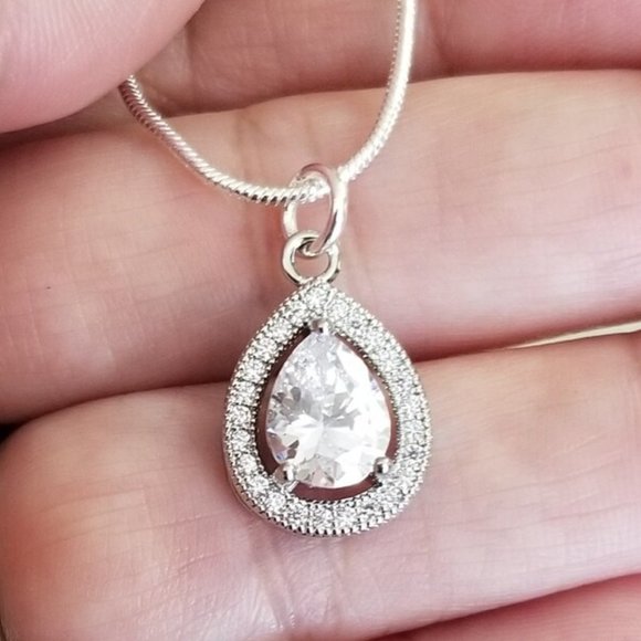 Sterling Silver Teardrop Pendant Necklace, Womens CZ Necklace CZ Halo Necklace - Picture 1 of 5